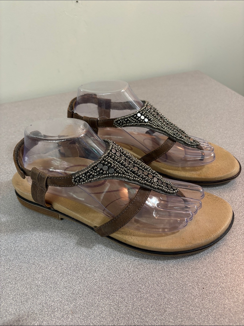Aetrex Sheila Brown Jeweled T-Strap Sandals